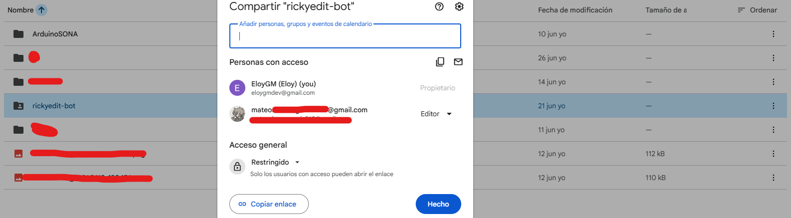 Captura de Google Drive mostrando la carpeta rickyedit-bot con EloyGM como propietario