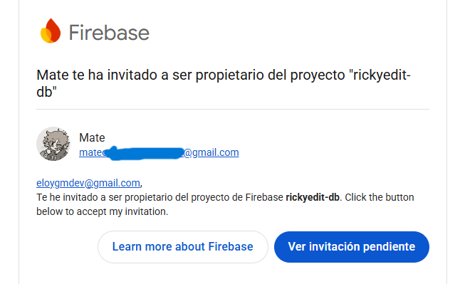 Captura de la invitacion de Mate al proyecto Firebase rickyedit-db