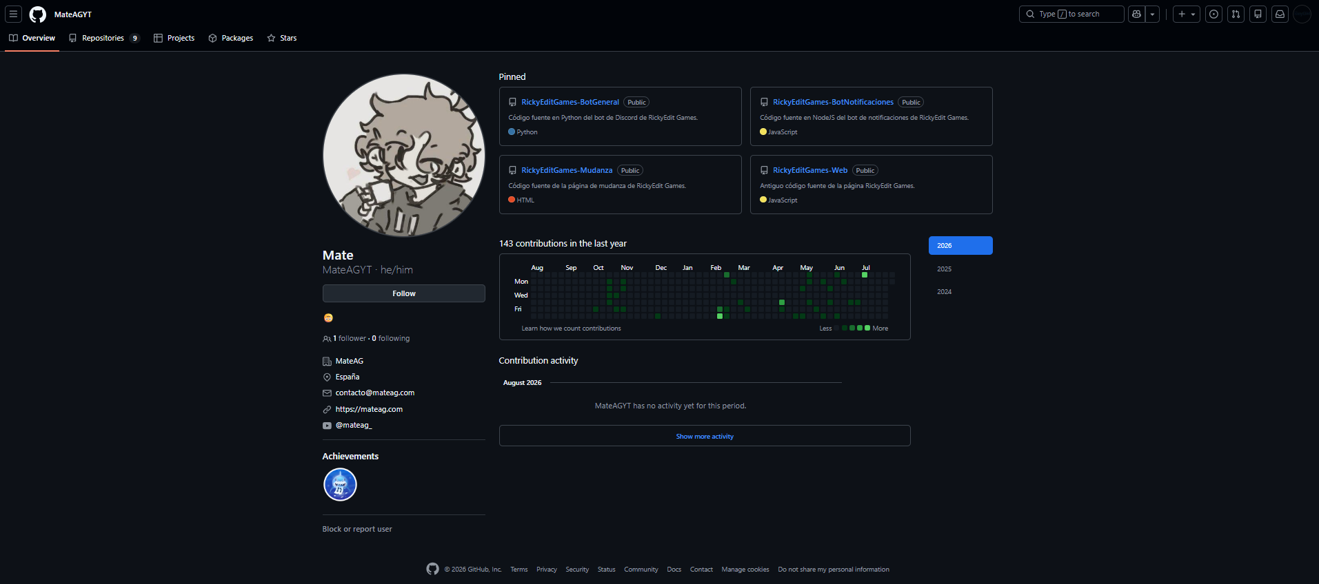 Perfil de GitHub de MateAGYT con cuatro repos de RickyEdit Games en pinned