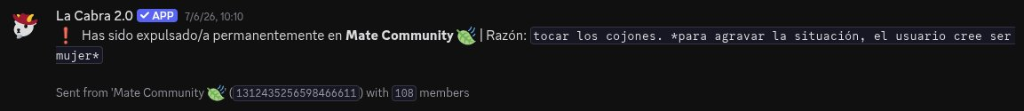 Baneo en Mate Community indicando motivo de expulsion transfobo