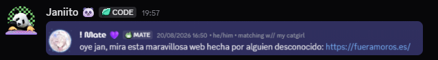 Mensaje de Discord de MateAG pasando la web fueramoros.es a Janiito