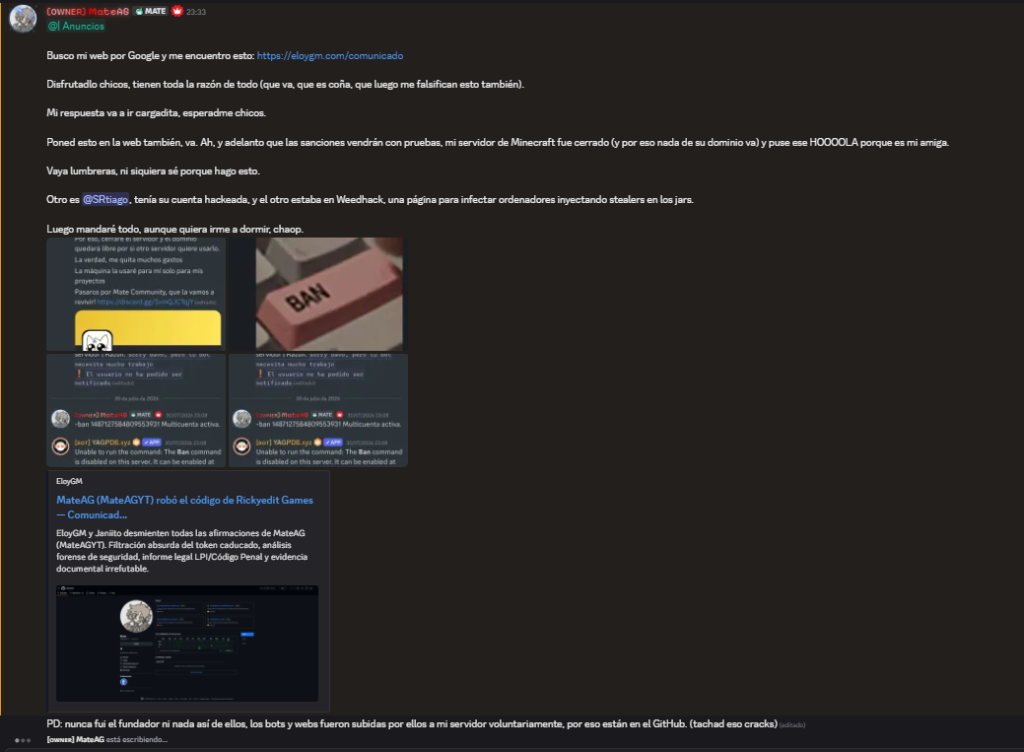 Captura del anuncio de MateAG en Discord reaccionando a encontrar el comunicado en Google