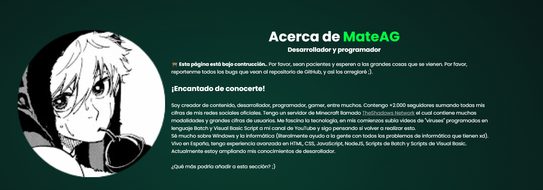Portfolio de MateAG donde afirma tener experiencia avanzada como desarrollador