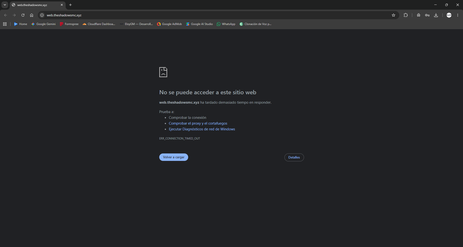 Captura de pantalla mostrando el servidor de MateAG caído con timeout