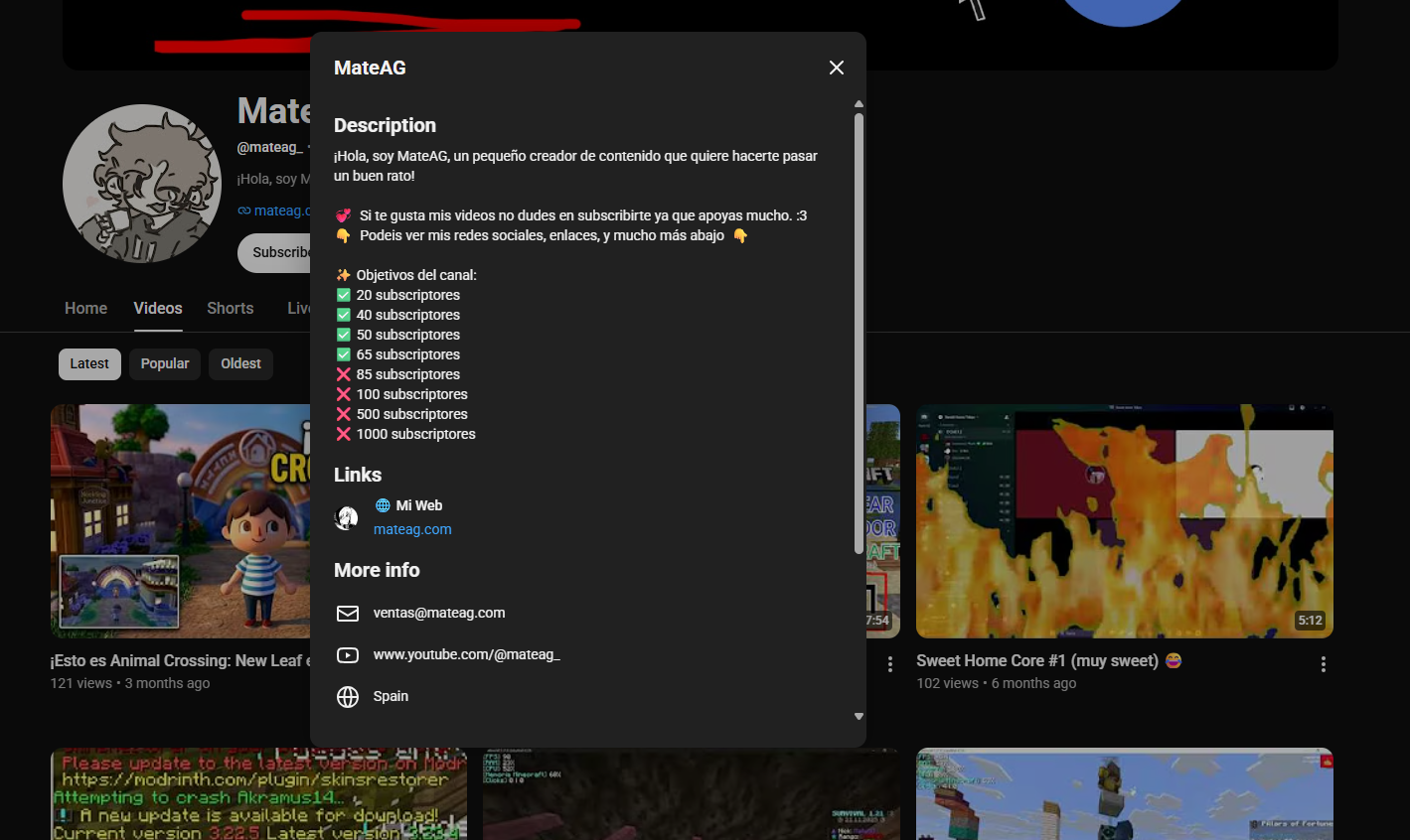 Canal de YouTube de MateAG mostrando contenido de Animal Crossing